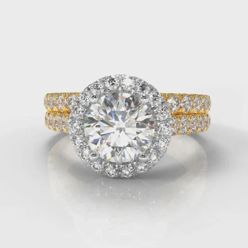 designer rings for women -Micropavé Round Brilliant Cut Diamond Halo Bridal Set - Two Tone Yellow Gold