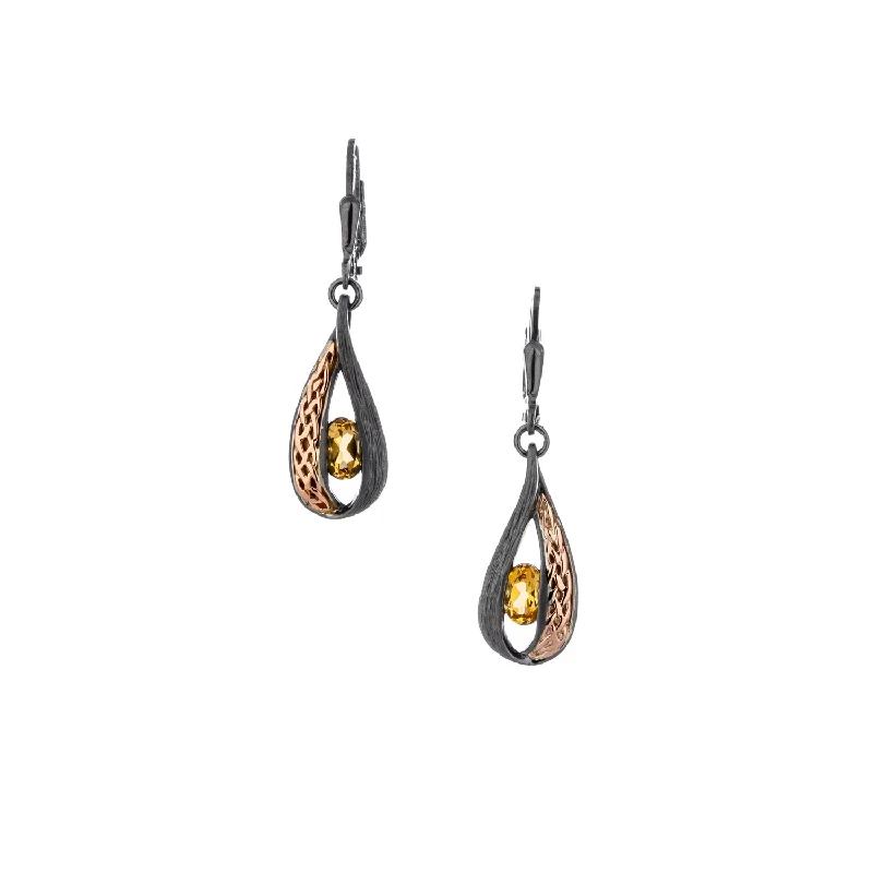 boho chic earrings for women -Darkened Silver and 10k Rose Gold Weave Earrings - Citrine