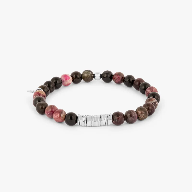 women’s gemstone bracelets -Classic Discs Beaded Bracelet in Rhodium Silver with Pink Tourmaline