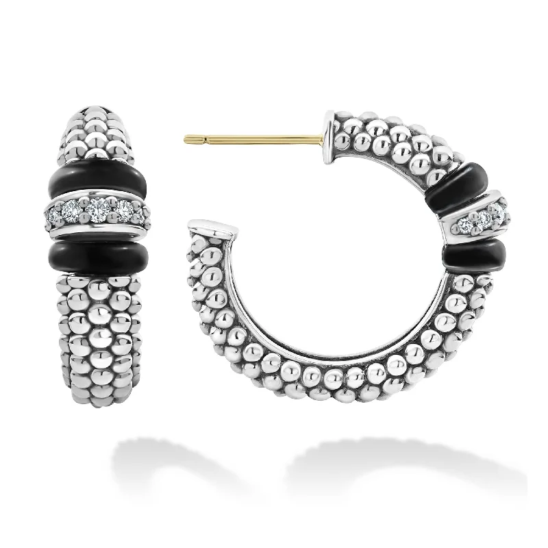 fashion earrings for women -Black Caviar Black Ceramic Caviar Diamond Hoop Earrings