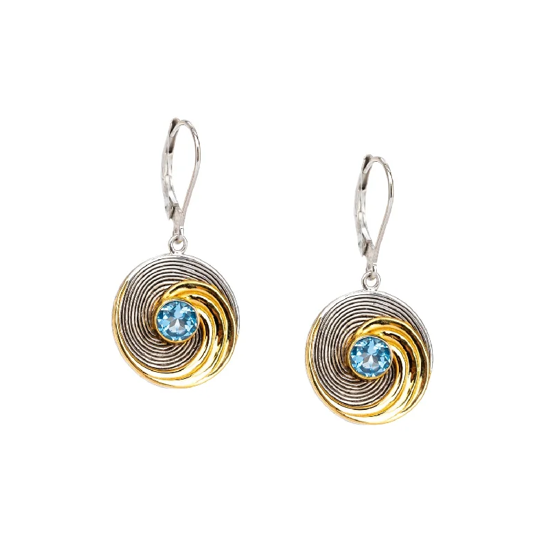 elegant earrings for women -Silver and 23k Gilding Whirlpool Earrings - Swiss Blue Topaz