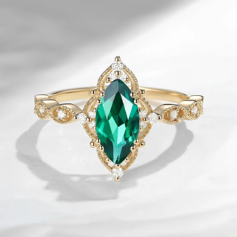 two-tone engagement rings -18K Unique Marquise Lab Emerald Vintage Inspired Engagement Ring