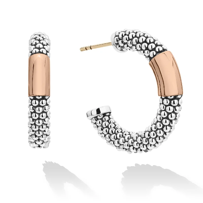 fashion jewelry earrings -High Bar Rose Gold Station Caviar Hoop Earrings