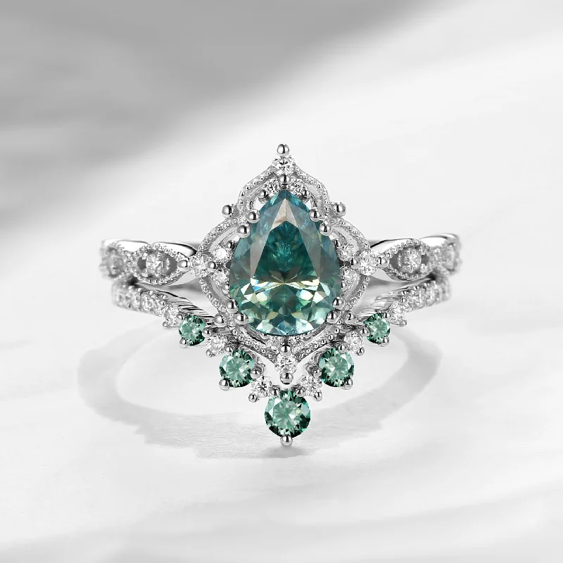 affordable custom engagement rings -Antique Pear Cut Green Moissanite Engagement Ring 2pcs