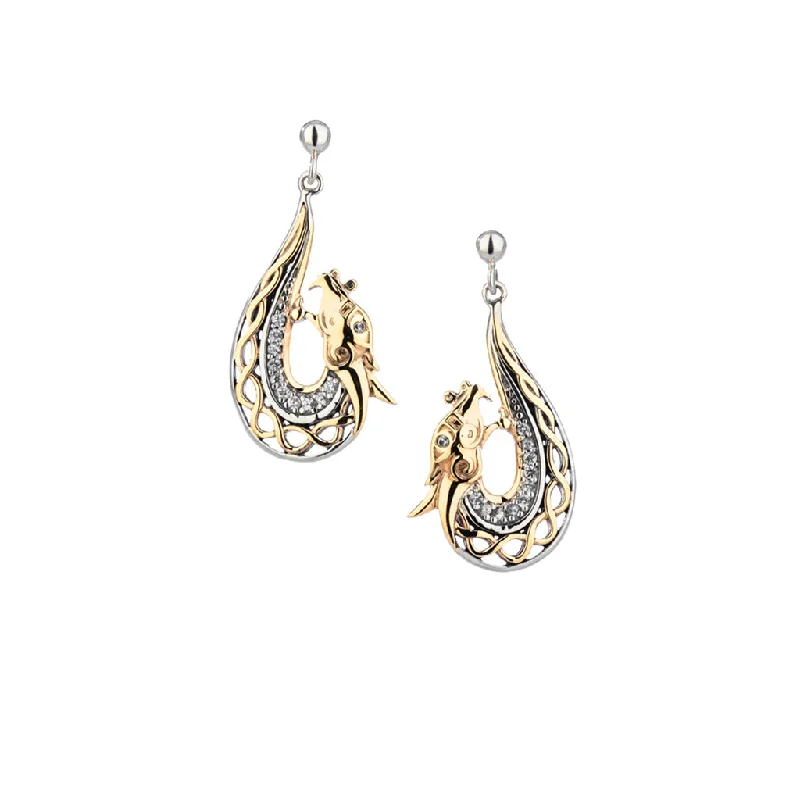 fashion earrings for women -Silver and 10k Gold Dragon Post Earrings - White Sapphire