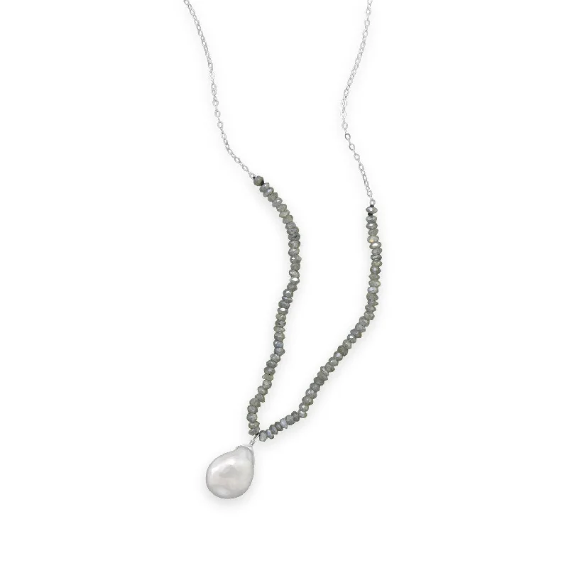 bridal necklaces for women -16"+2" Labradorite and Baroque Pearl Drop Necklace