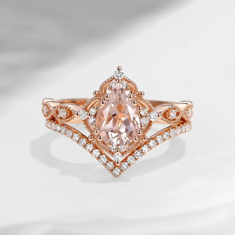 romantic proposal engagement rings -1.5ct Pear Shaped Morganite Engagement Ring Set 2pcs - Evelyn