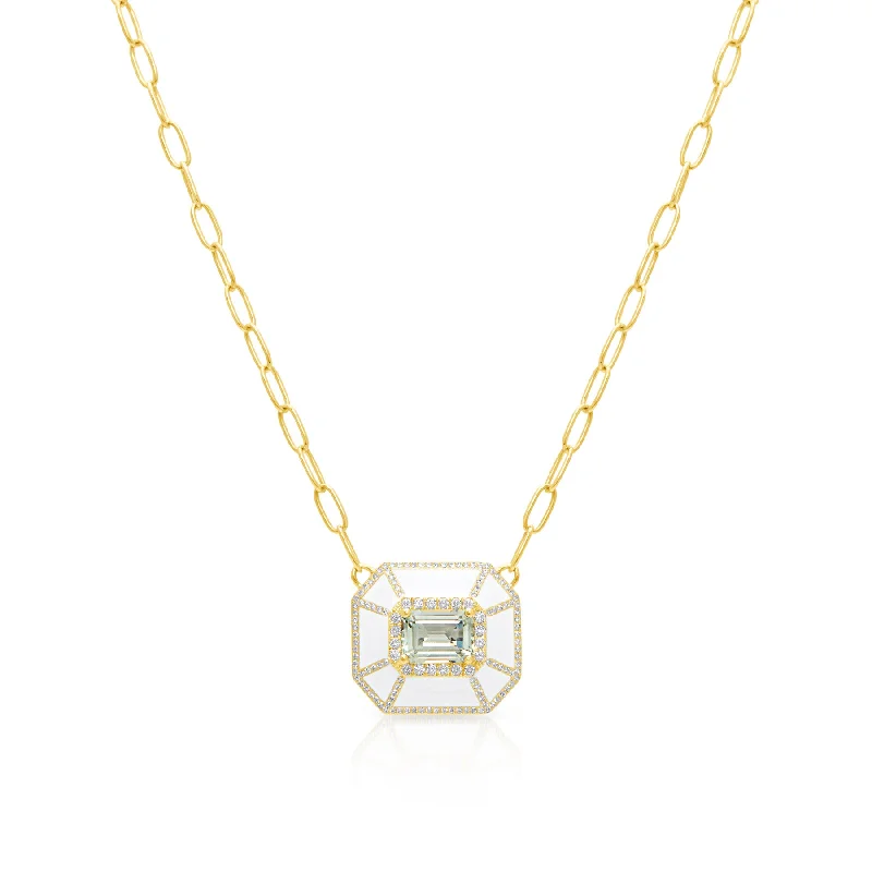 gold pendant necklaces for women -14KT Yellow Gold Green Amethyst White Enamel Diamond Deco Necklace