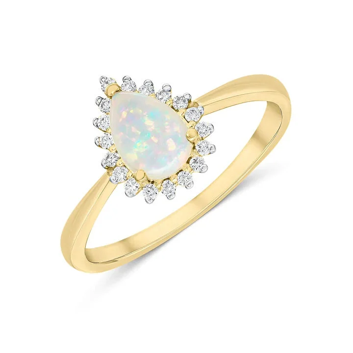 fashion gemstone rings -18K Yellow Gold Opal & Diamond Halo Ring