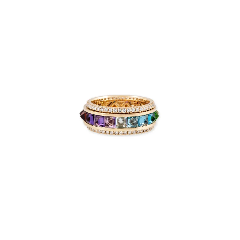 classic gold rings for women -PAVE DIAMOND RAINBOW SAPPHIRE SPIKE SPINNER RING