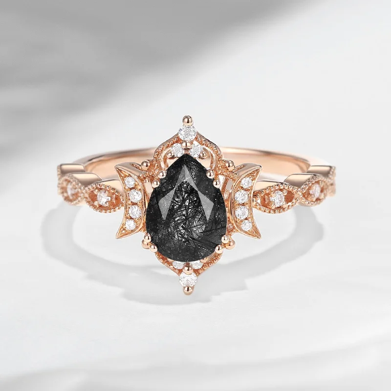 bridal set engagement rings -Crescent Moon | Antique Pear Cut Black Rutilated Quartz Engagement Ring