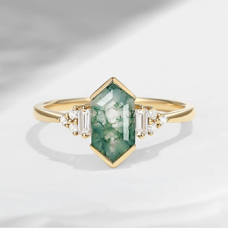 engagement rings for non-traditional brides -Art Deco Long Hexagon Moss Agate Cluster Engagement Ring