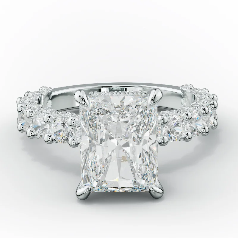 large solitaire engagement rings -Savannah Radiant Cut Diamond Engagement Ring With Accented Side stones and Hidden Halo