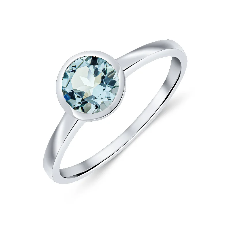 personalized engraved rings -9K White Gold Round Aquamarine Solitaire Ring