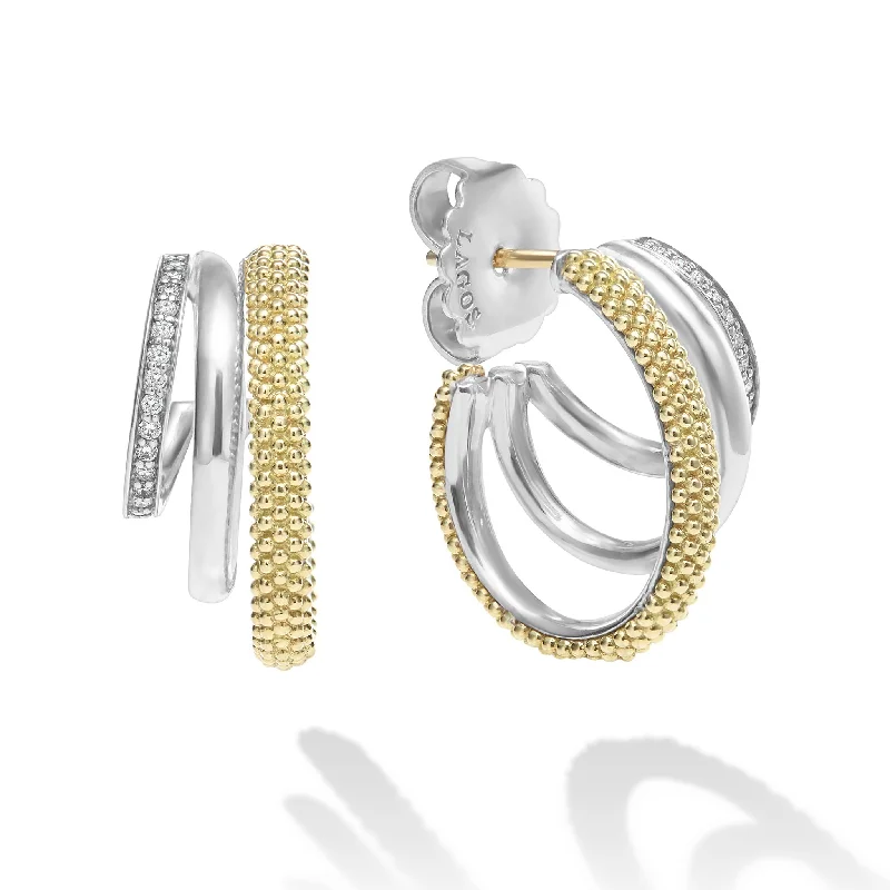 trendy earring sets for women -Caviar Lux Two-Tone Three Ring Diamond Hoop Earrings