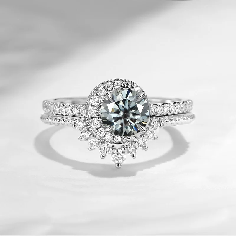 women’s solitaire diamond rings -Crescent Moon | Unique Grey Moissanite Engagement Ring Set 2pcs - Full Moon