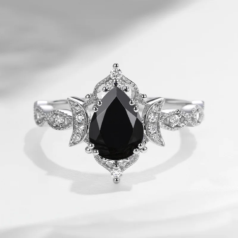 stunning engagement rings for women -Crescent Moon | Vintage Pear Cut Black Moissanite Engagement Ring