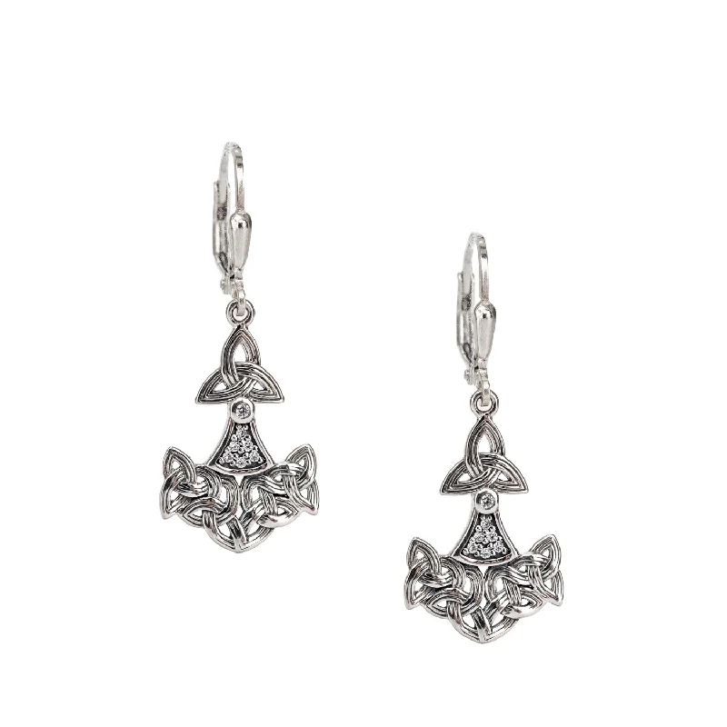 bridal earrings for women -Silver Thor's Hammer Leverback Earrings - Cubic Zirconia