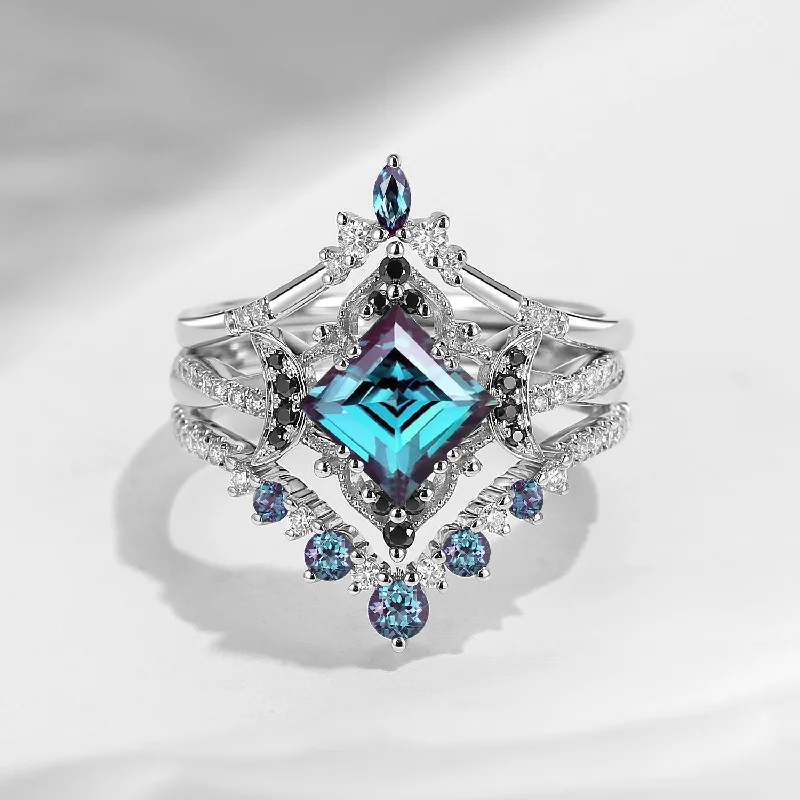 white gold engagement rings -Crescent Moon | Rhombus Cut Lab Alexandrite 'Noir' Engagement Ring Set 3pcs