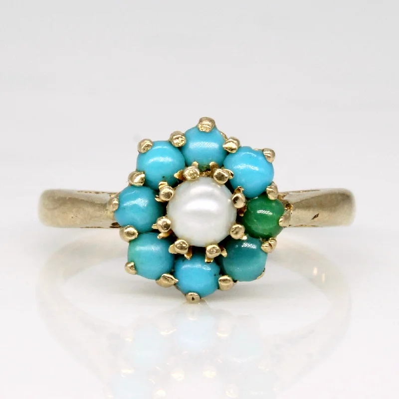 gold engagement rings for women -1969 London Turquoise & Pearl Cocktail Ring | 0.25ctw | SZ 5 |