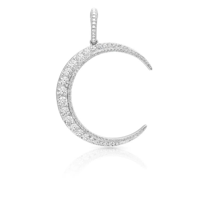 classic necklaces for women -14KT White Gold Diamond Lunar Charm Pendant with Diamond Clip On Bail