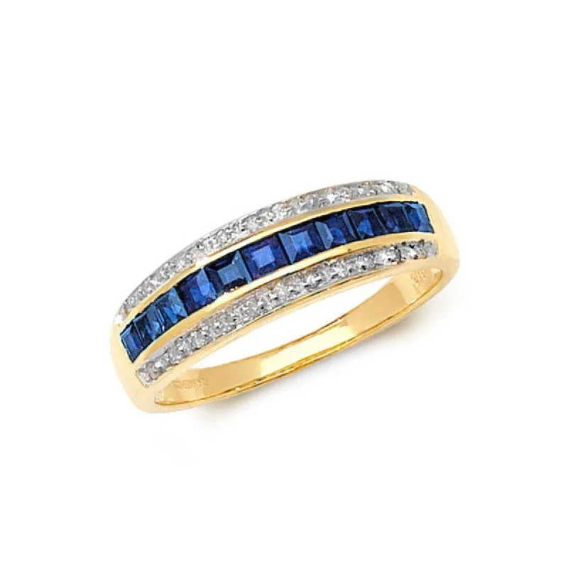 adjustable gemstone rings for women -9K Yellow Gold Blue Sapphire & Diamond Ring