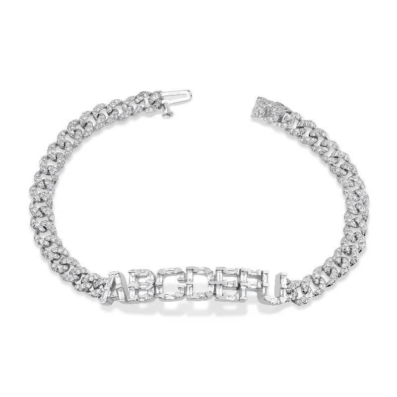 minimalist bangles for women -DIAMOND BAGUETTE PAVE 7 LETTER MEDIUM LINK BRACELET