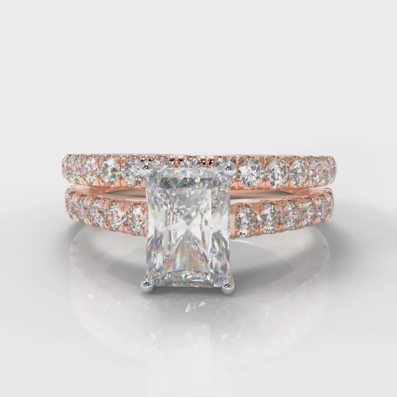 women’s vintage engagement rings -Carrée Micropavé Radiant Cut Diamond Bridal Set - Rose Gold