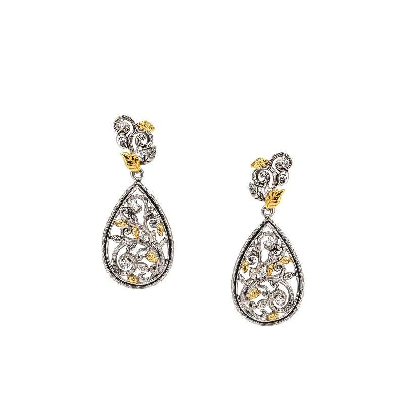 trendy stud earrings for women -Silver And 10k Gold Tree of Life Drop Earrings - Cubic Zirconia