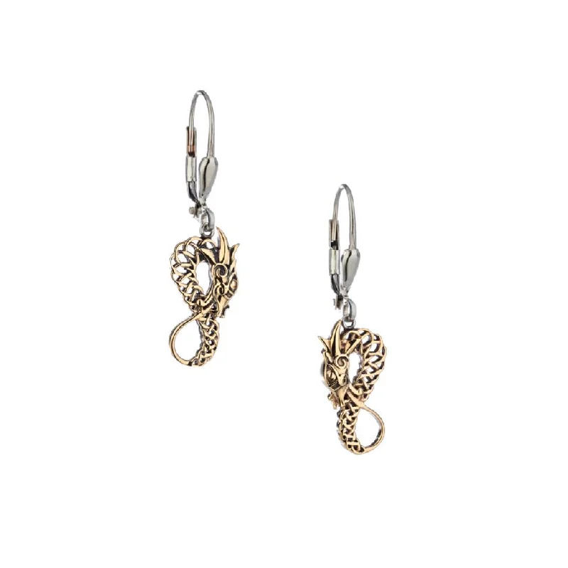 trendy earrings for women -Silver and 10k Gold Dragon Earrings