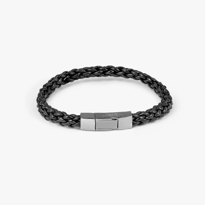 women’s bangles sets -Click Trenza Bracelet In Black Rhodium Plated Silver with Black-coloured Leather