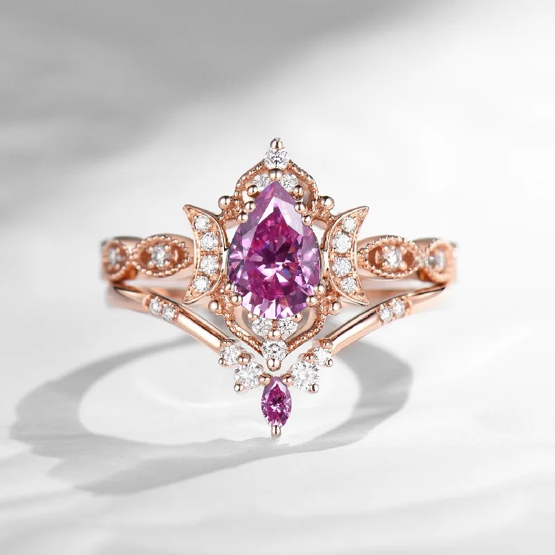 gold engagement rings for women -Crescent Moon | Unique Pear Pink Moissanite Engagement Ring - Luna