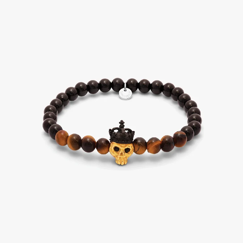 luxury gold bangles for women -King Skull bracelet with tiger eye and black agate