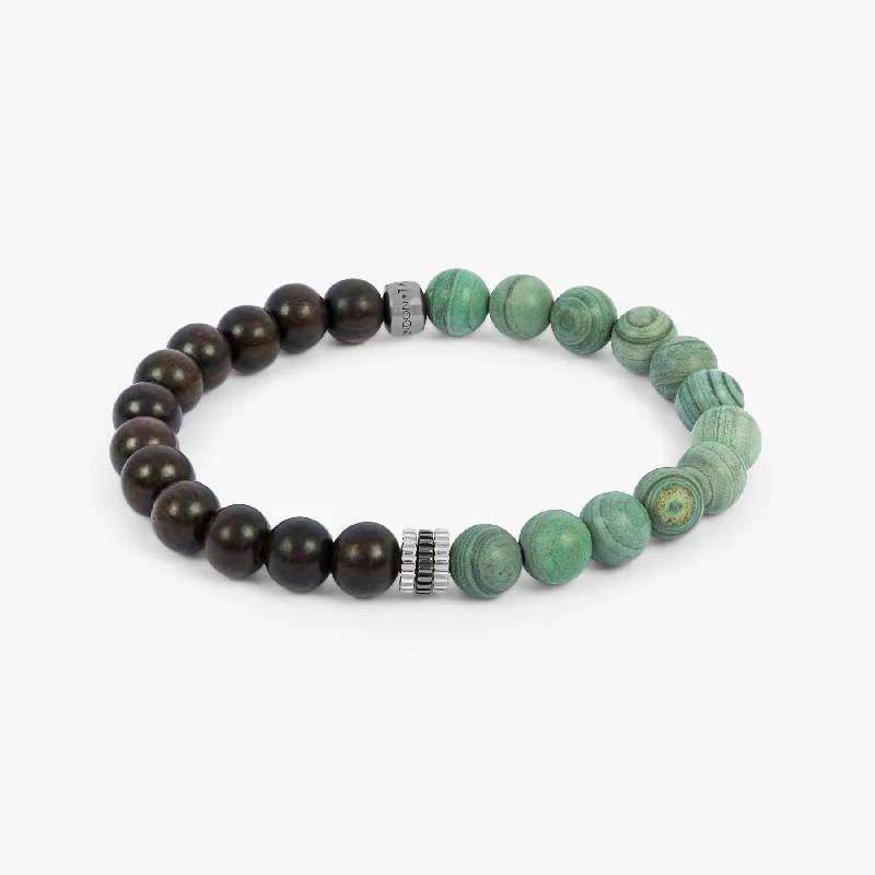 custom-designed bangles for women -Gear Trio Beaded Bracelet In Rhodium Plated Silver With Ebony Wood and Green Jasper