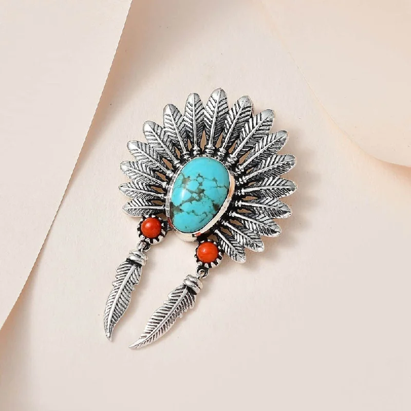 personalized engraving necklaces for women -Artisanal Turquoise and Coral Feather Pendant