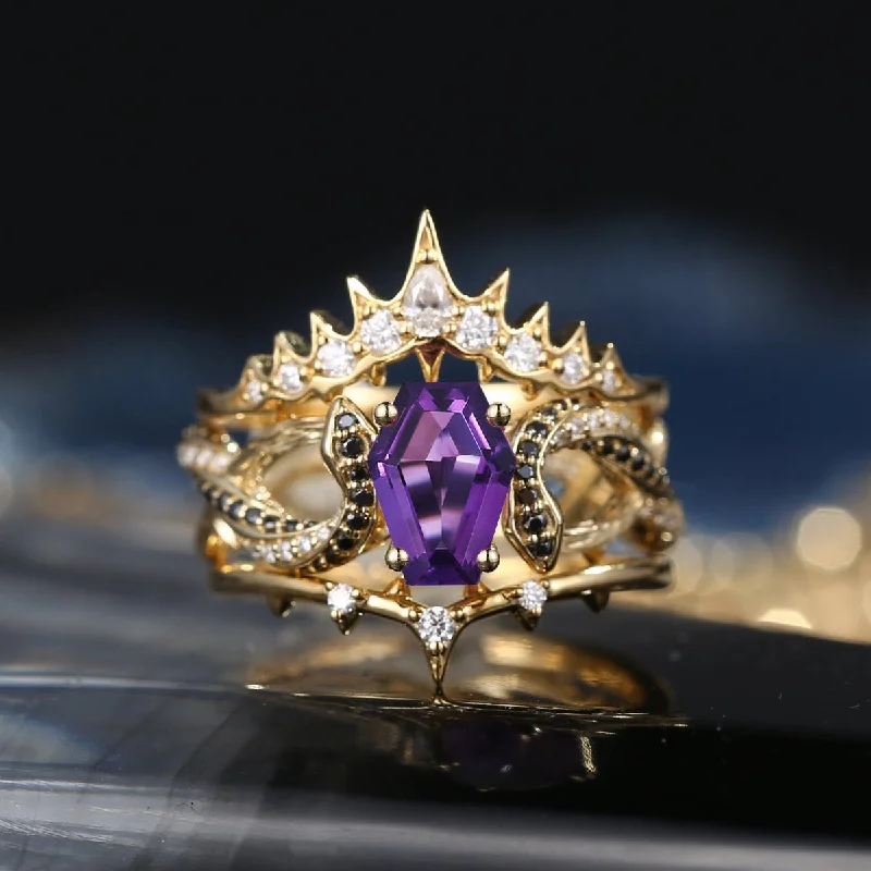 high-end engagement rings -'Serpent's Stroll' - Coffin Cut Amethyst Serpent's Stroll Engagement Ring Set 3pcs