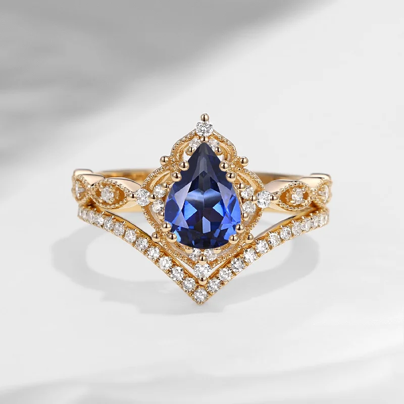 unique engagement rings for women -1.5ct Pear Shaped Lab Sapphire Engagement Ring Set 2pcs - Evelyn