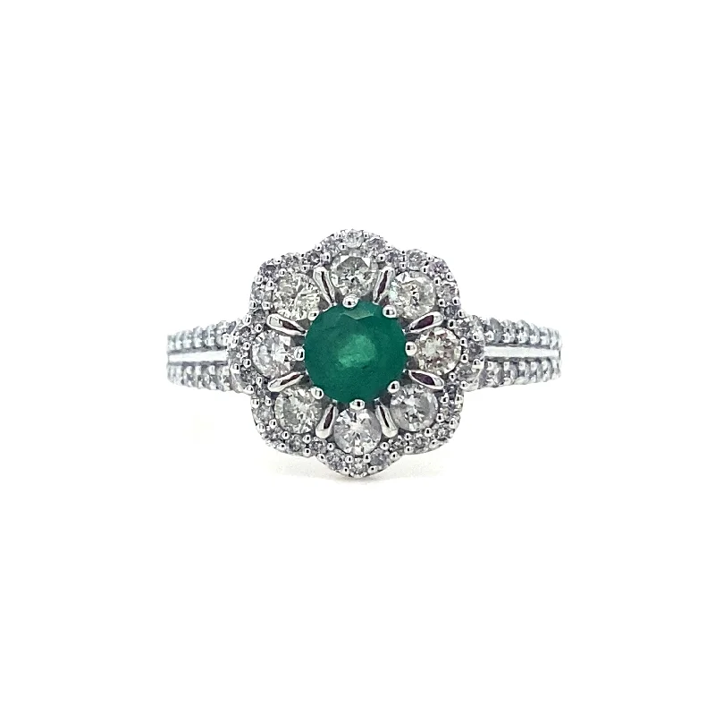 women’s engagement rings sets -18K White Gold Emerald & Diamond  Flower Ring