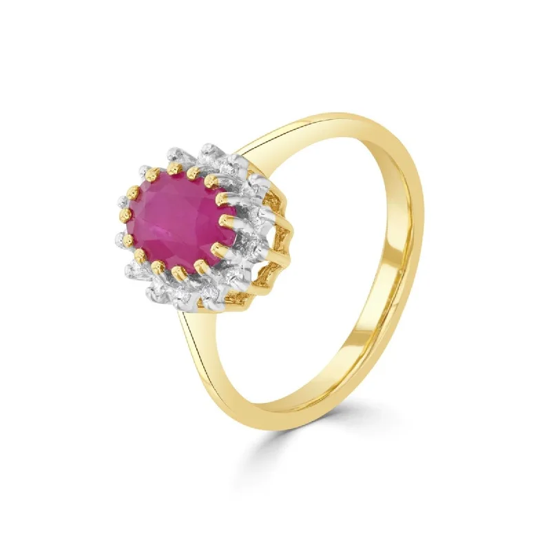 cocktail rings for women -9K Yellow Gold Ruby & Diamond Halo Ring