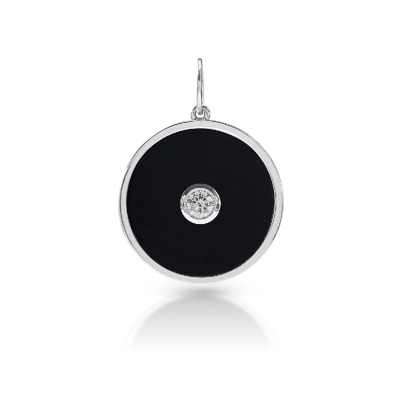 women’s engagement pendant necklaces -14KT White Gold Onyx Diamond Round Bezel Charm