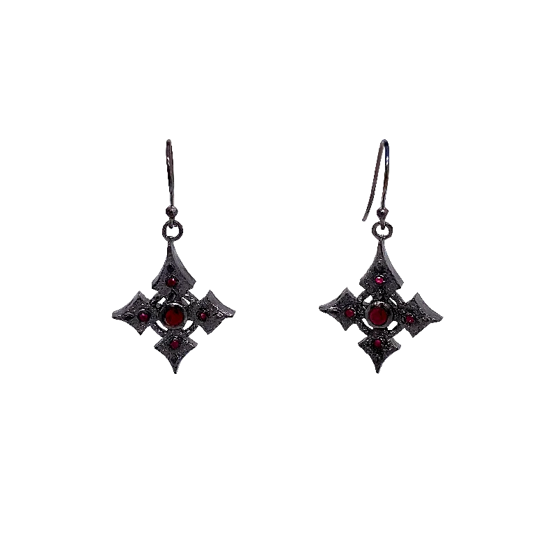 women’s chunky earrings -Raw Diamond Collection - Silver and Black Rhodium Cross Earrings - Ruby