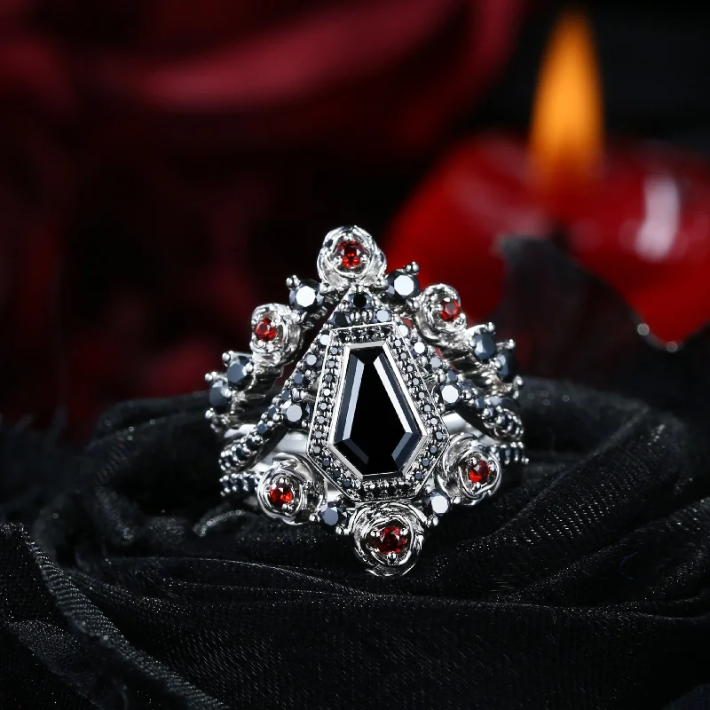 high-end engagement rings -Unique Coffin Black Moissanite Rose Flower Engagement Ring Set 3pcs