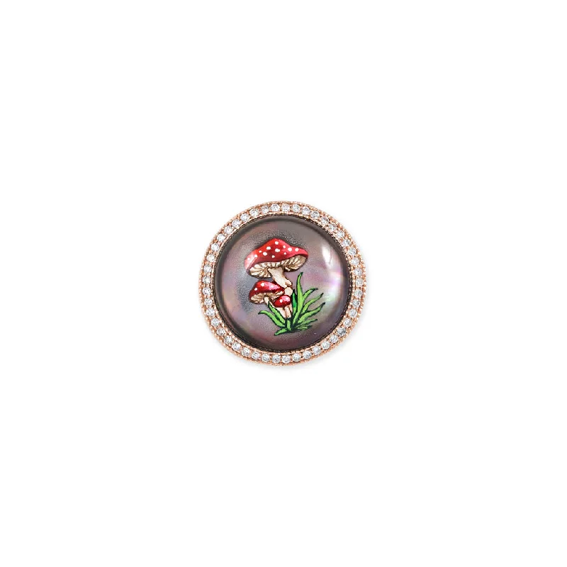 custom-made rings for women -PAVE HAND PAINTED RED MUSHROOM ON BLACK MOTHER OF PEARL SIGNET RING