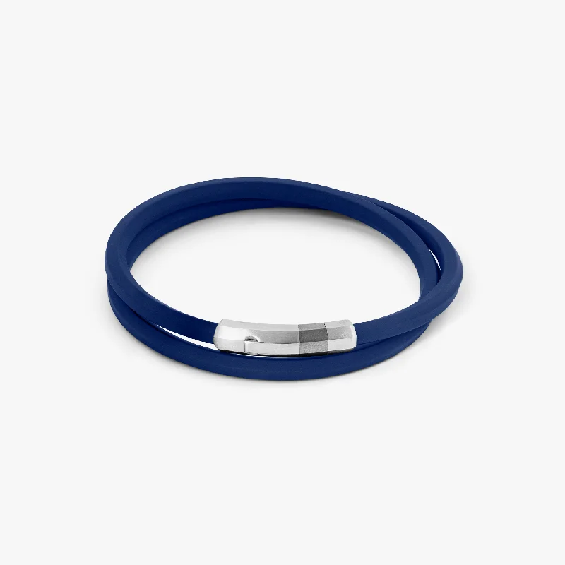 diamond bracelets for women -Octagon click bracelet In Rhodium Plated Silver and Blue Rubber