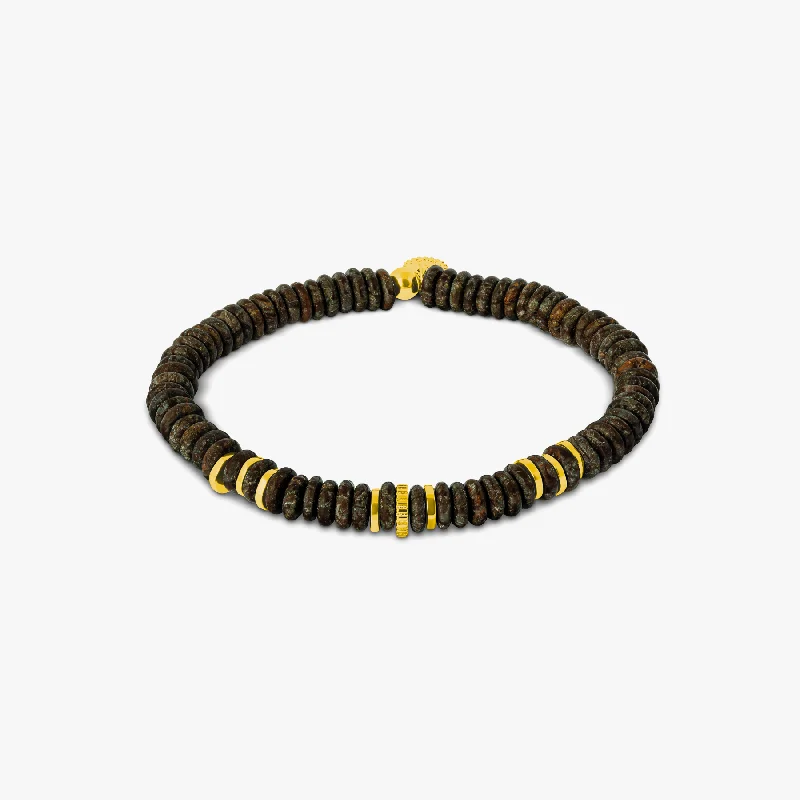 gemstone cuff bangles for women -Positano Beaded Bracelet in Yellow Gold Plated Silver with Brown Obsidian