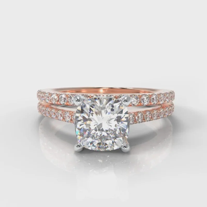 custom-made rings for women -Petite Micropavé Cushion Cut Diamond Bridal Set - Rose Gold