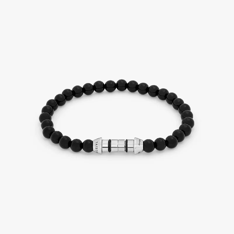 simple bangles for women -Lucky Me Beaded Bracelet In Rhodium Plated Silver With Black Agate