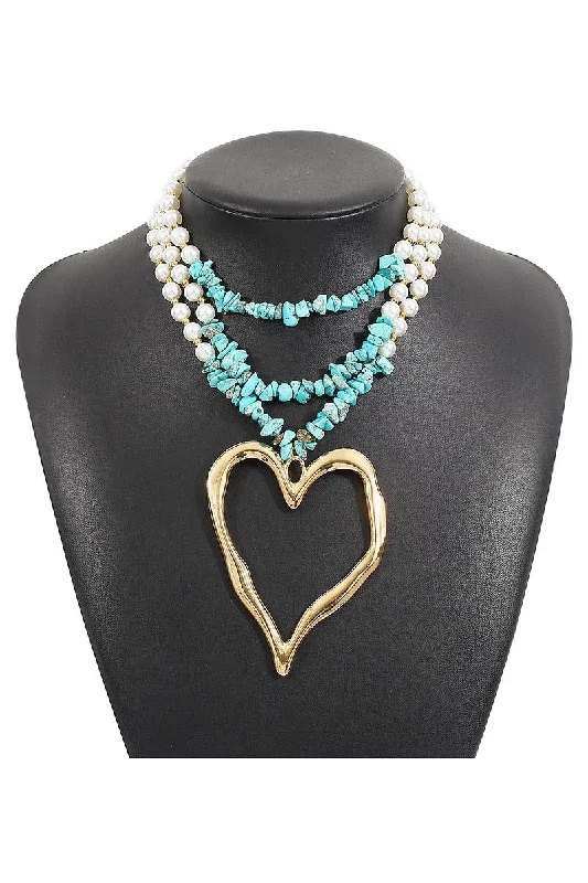 luxury pendant necklaces for women -Layered Pearl Turquoise Heart Pendant Necklace