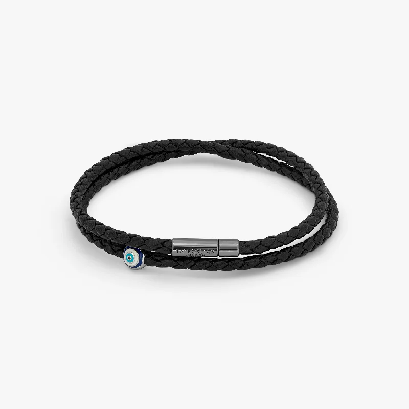 luxury gold bangles for women -Mini Evil Eye Bracelet in Black Eco-Friendly Leather With Ruthenium Plated Silver