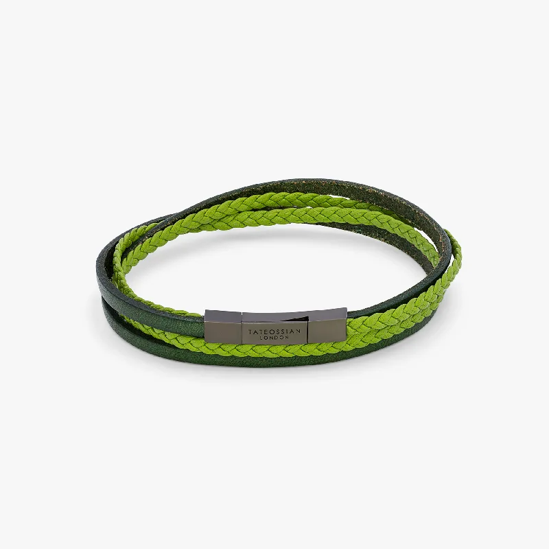 statement bangles for women -Mini Click Fettucine Leather Bracelet In Green     